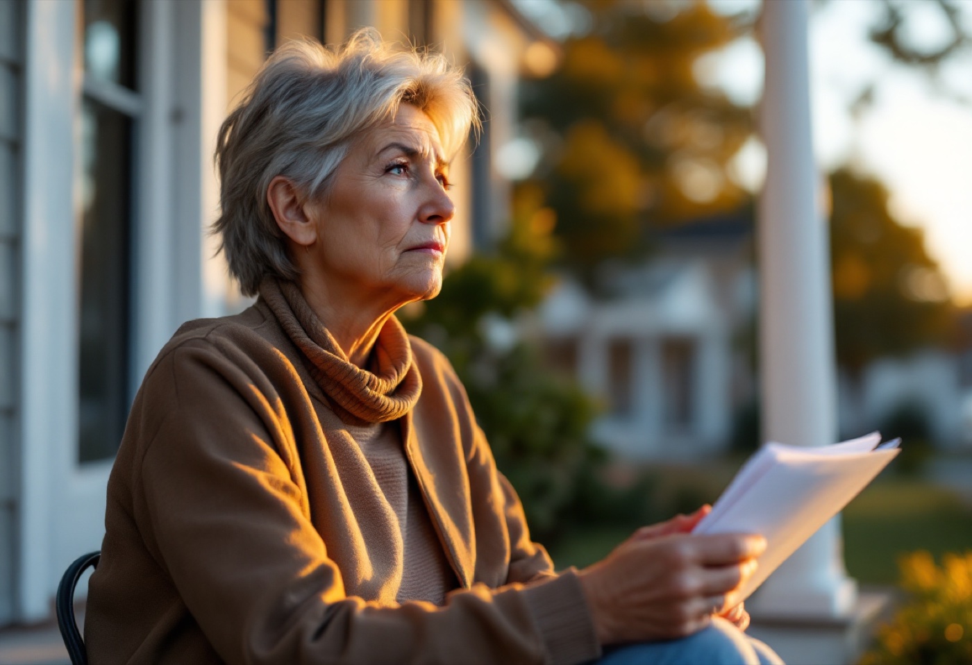 A homeowner sitting on her porch holding documents, looking thoughtful