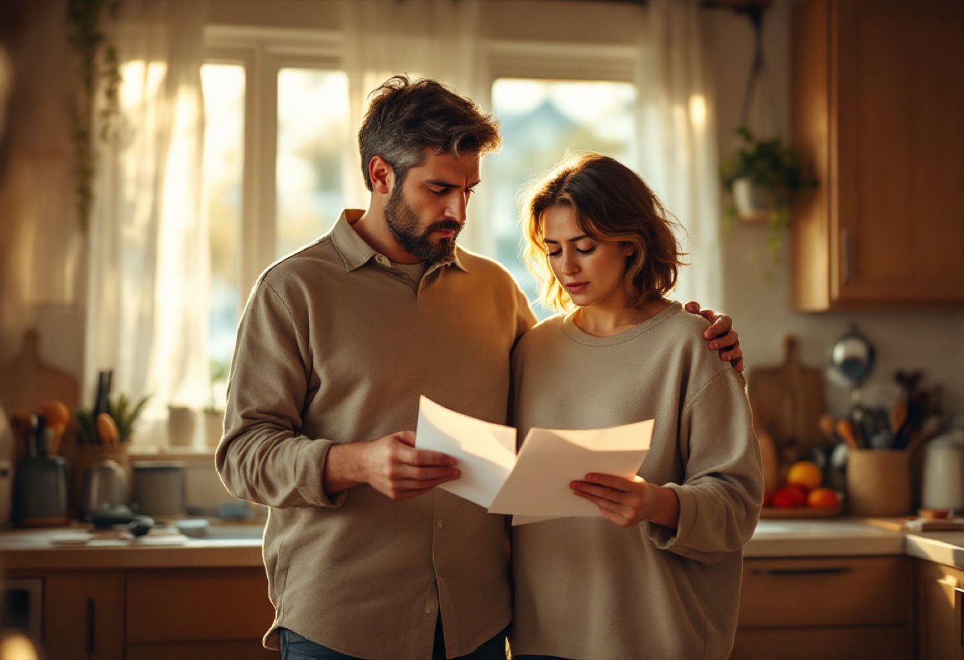 A couple reviewing foreclosure documents together at home