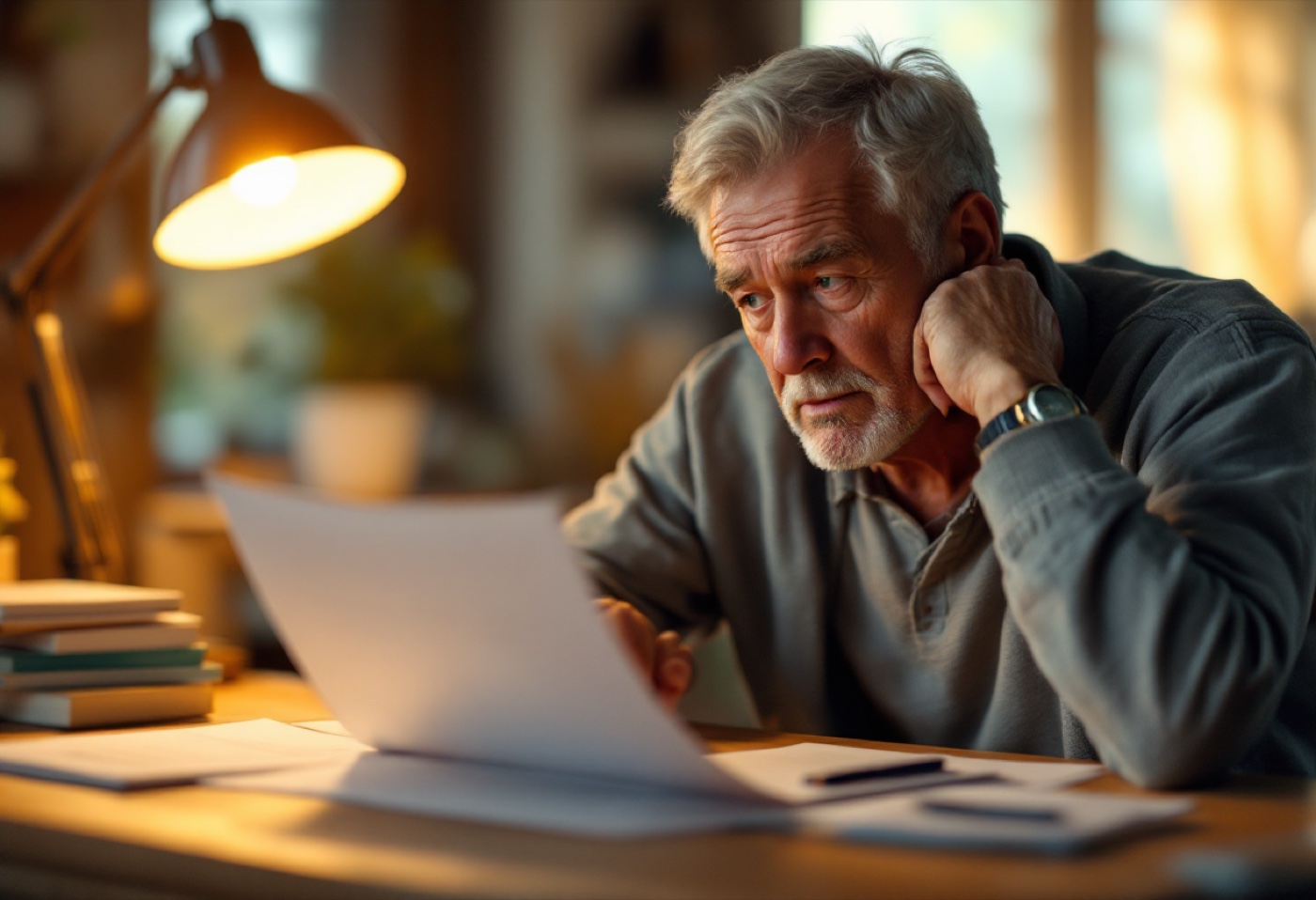 A homeowner reviewing paperwork with concern but determination